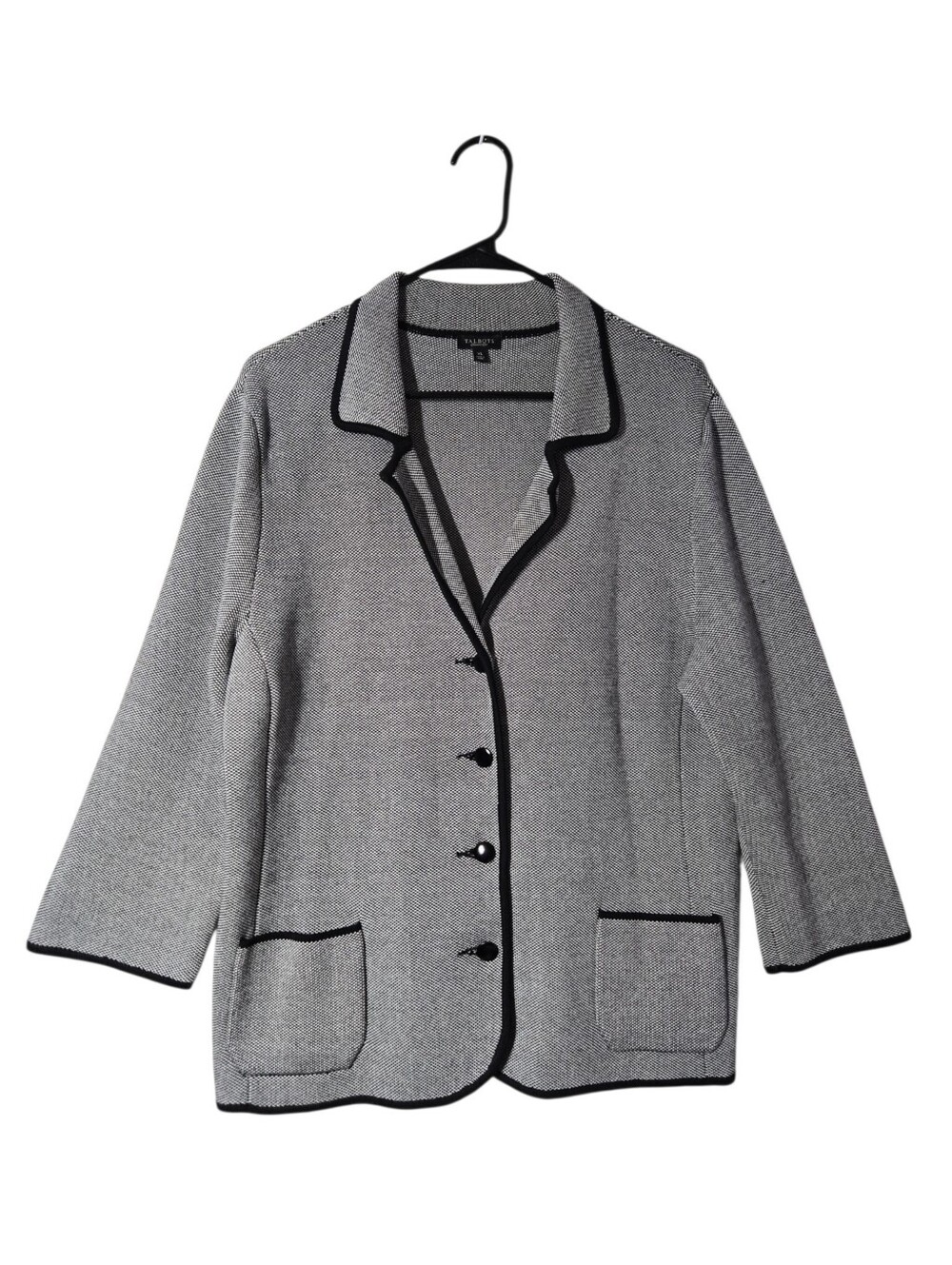 Talbots Knit Blazer Jacket Black White Contrast Trim Silk Blend Pockets Size XL